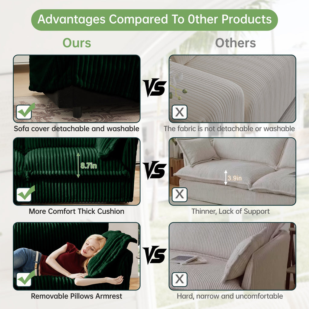 Green corded rib sectional sofa shown with thick seat cushions and removable-style covers.