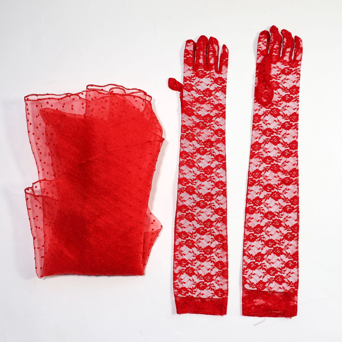 Red mesh long gloves and matching tulle arm sleeves for costume dress