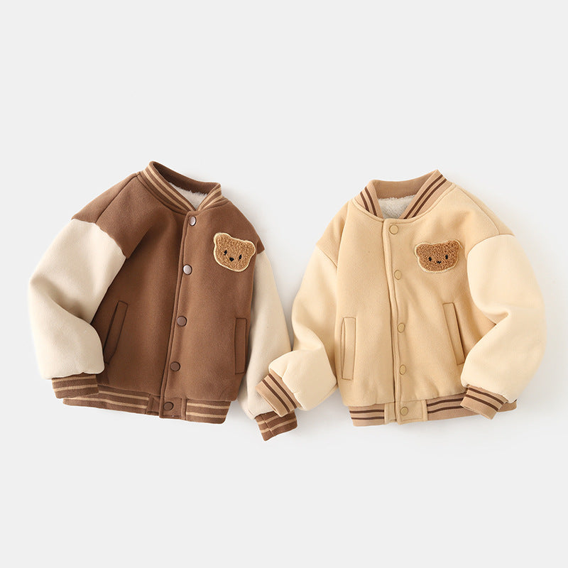 Fleece-lined baseball jacket, brown and cream, snap front and teddy bear chest patch.
