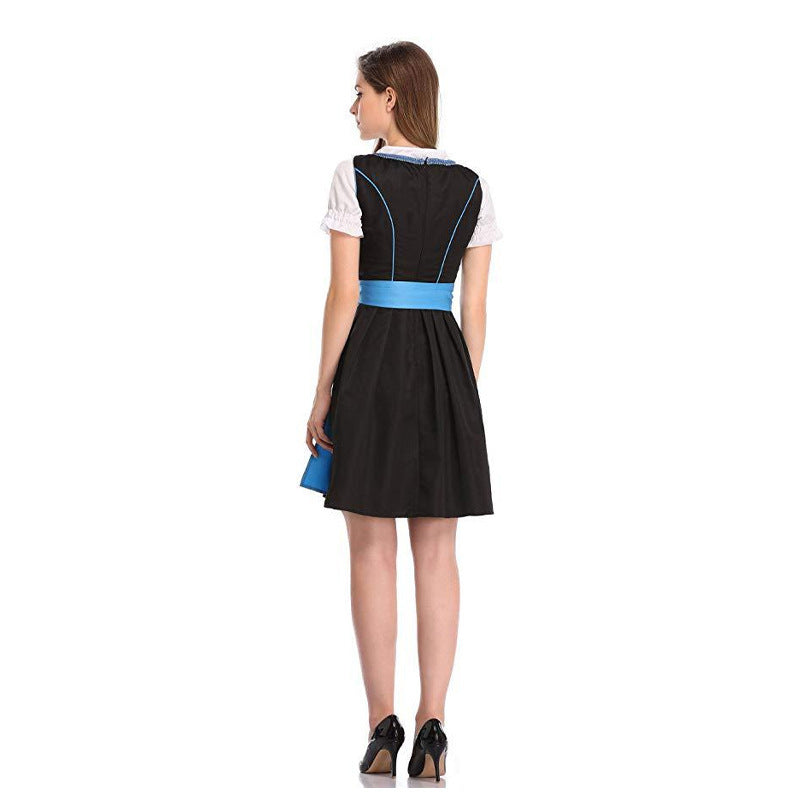Back view of black corset-style Halloween dress with blue waistband and flared skirt