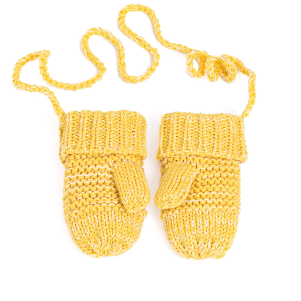 Knitted baby chick mittens in yellow with cord ties and ribbed cuffs