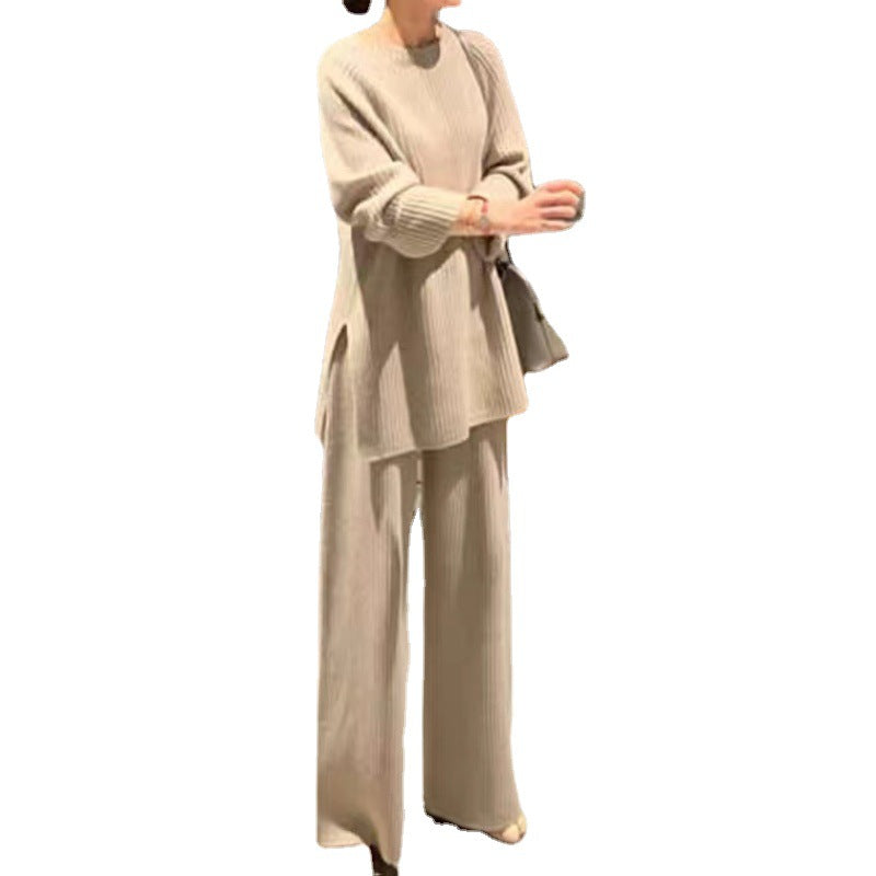 Knitted sweater and wide-leg pants set, beige, ribbed knit top and wide trousers