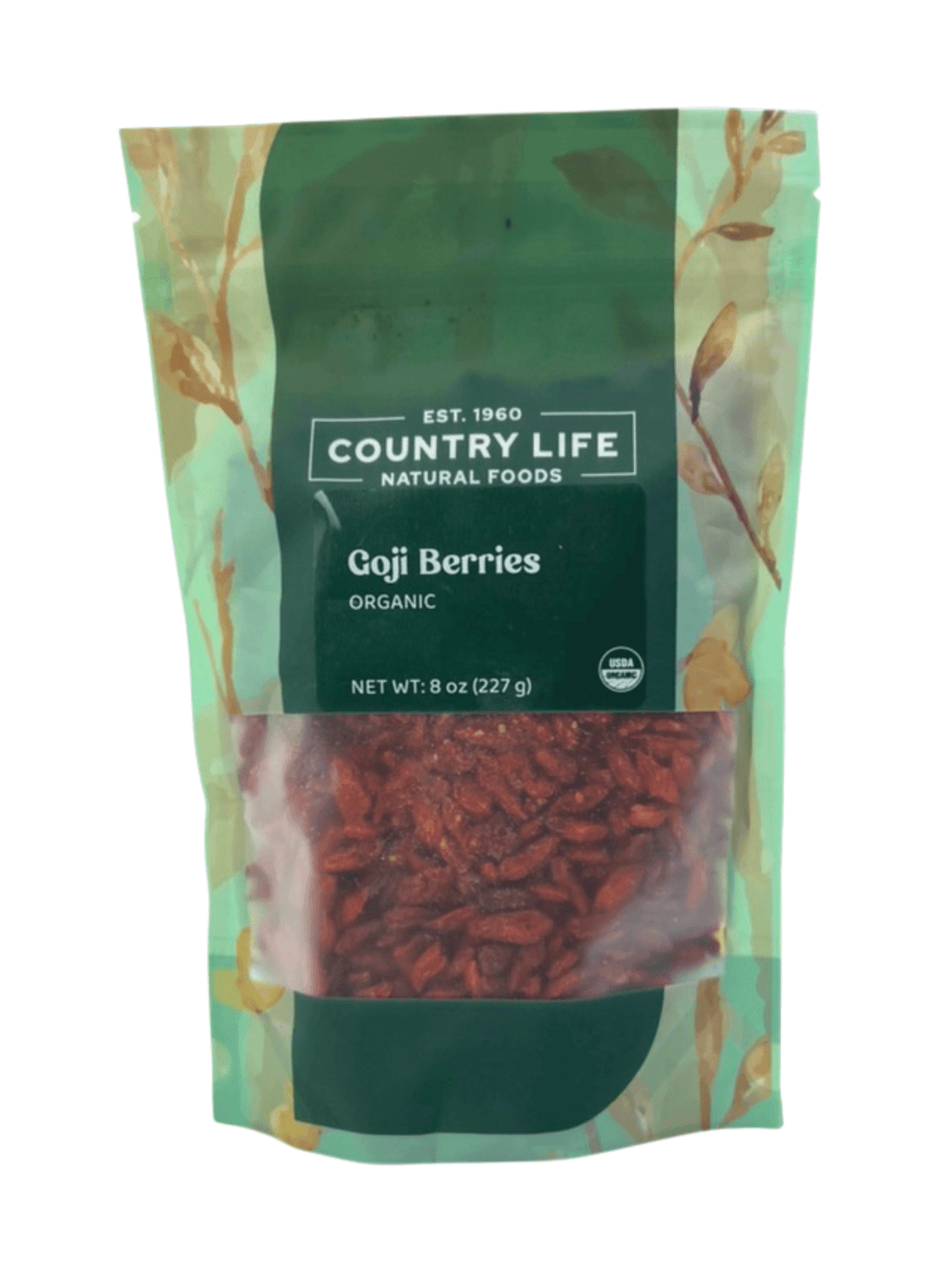 Stand-up pouch of organic goji berries with front label visible