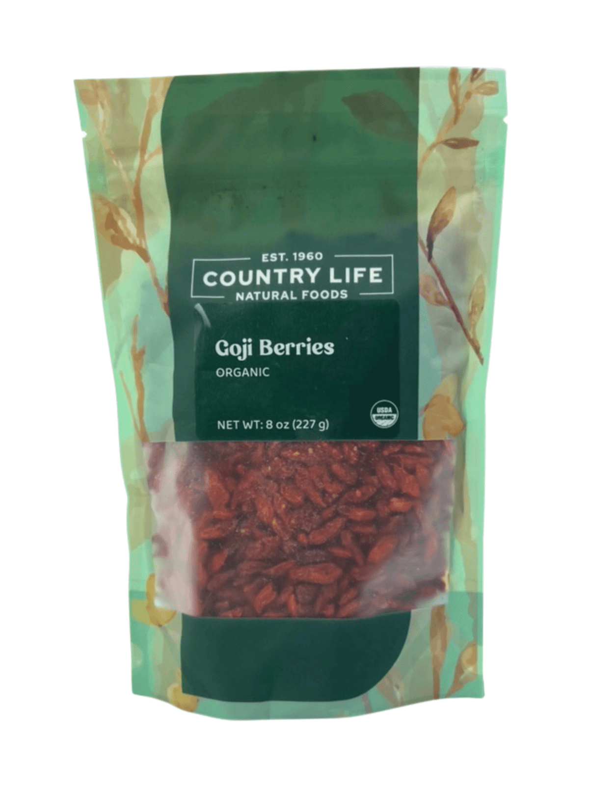 Stand-up pouch of organic goji berries with front label visible