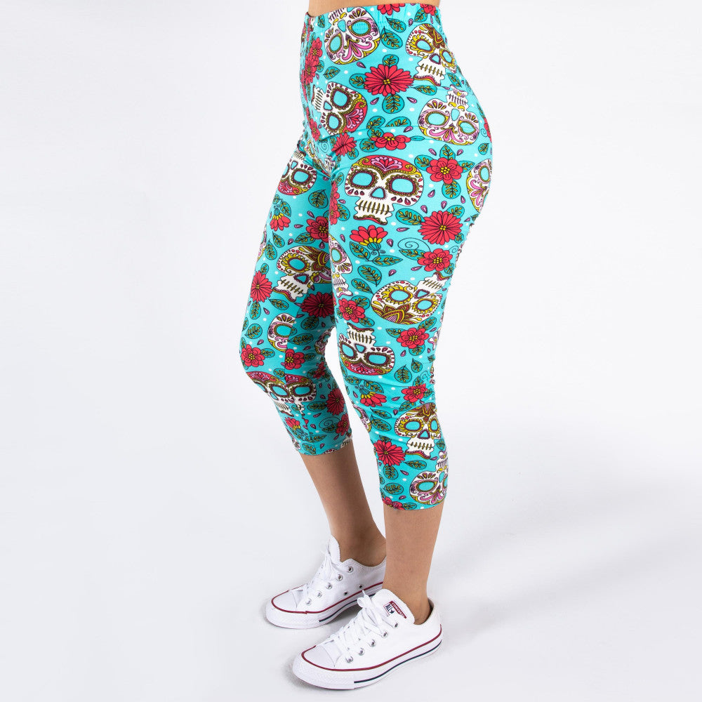 Capri style leggings with colorful sugar skull print, multicolor, stretchy fit