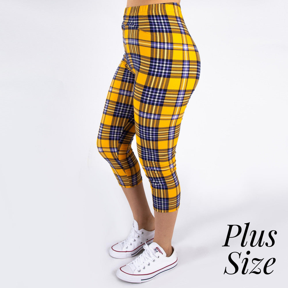Plaid capri leggings in gold and navy with fitted ankle-length legs