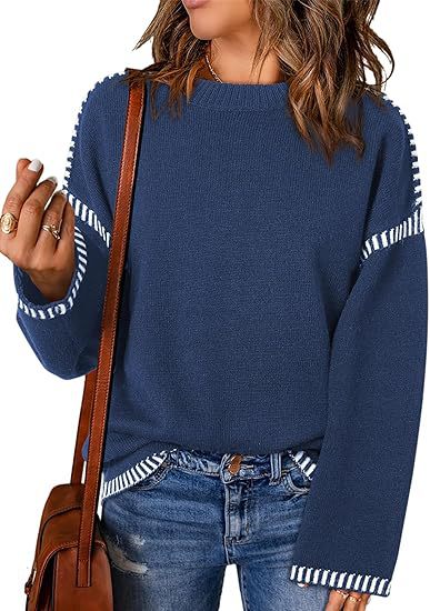 Women’s navy round-neck pullover sweater with striped cuffs and hem