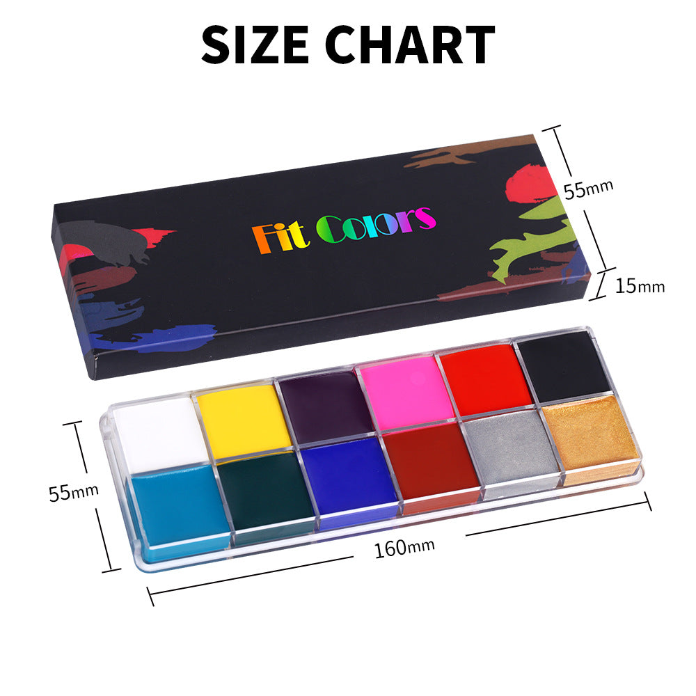 12-color face paint set with clear color tray and size diagram