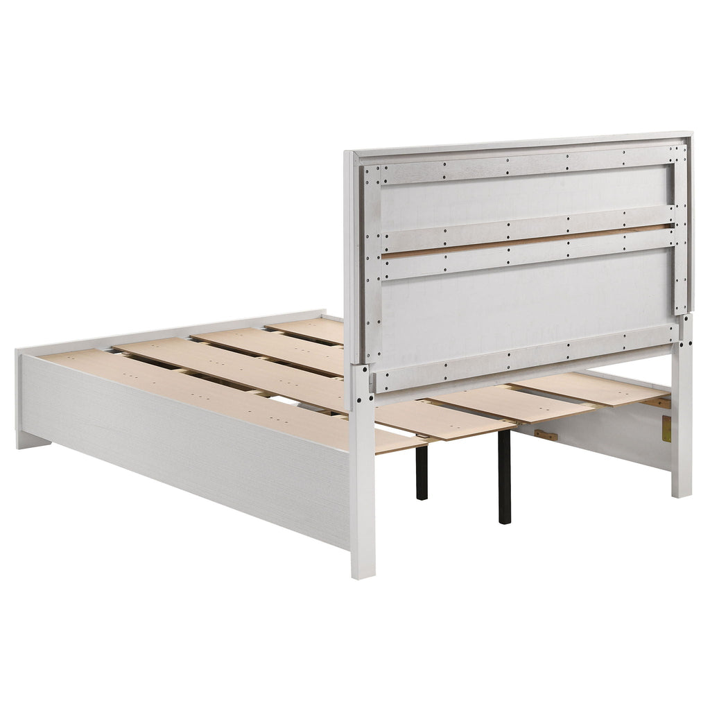 White bed frame with headboard panel and exposed slatted support