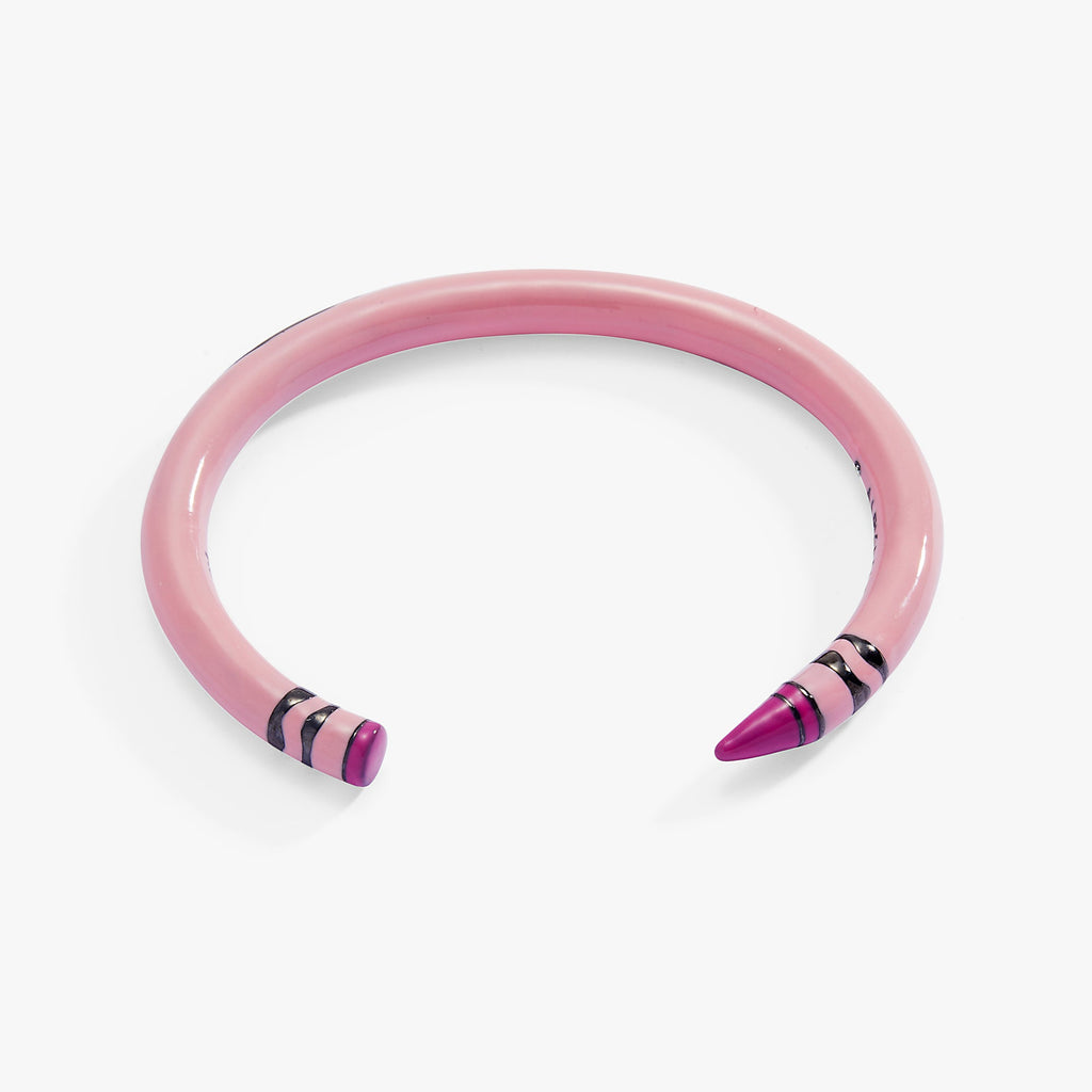 Pink crayon cuff bracelet with two purple striped end tips