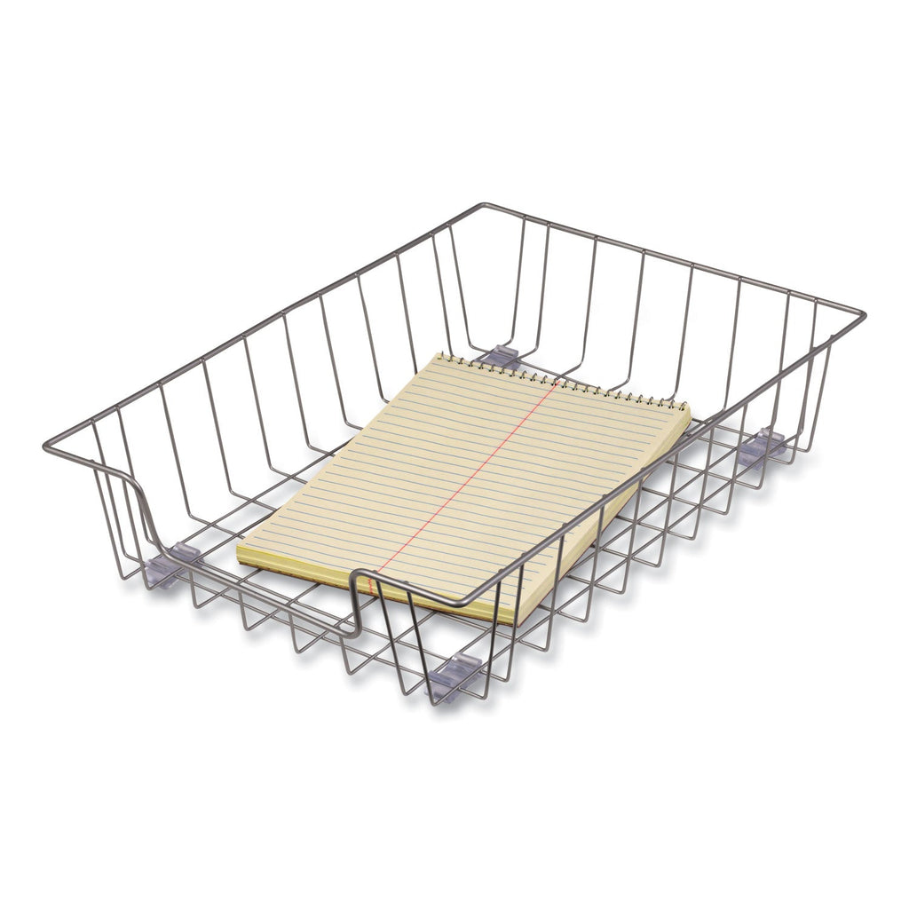 Silver wire desk tray organizer with letter-size folder held by front and side stops