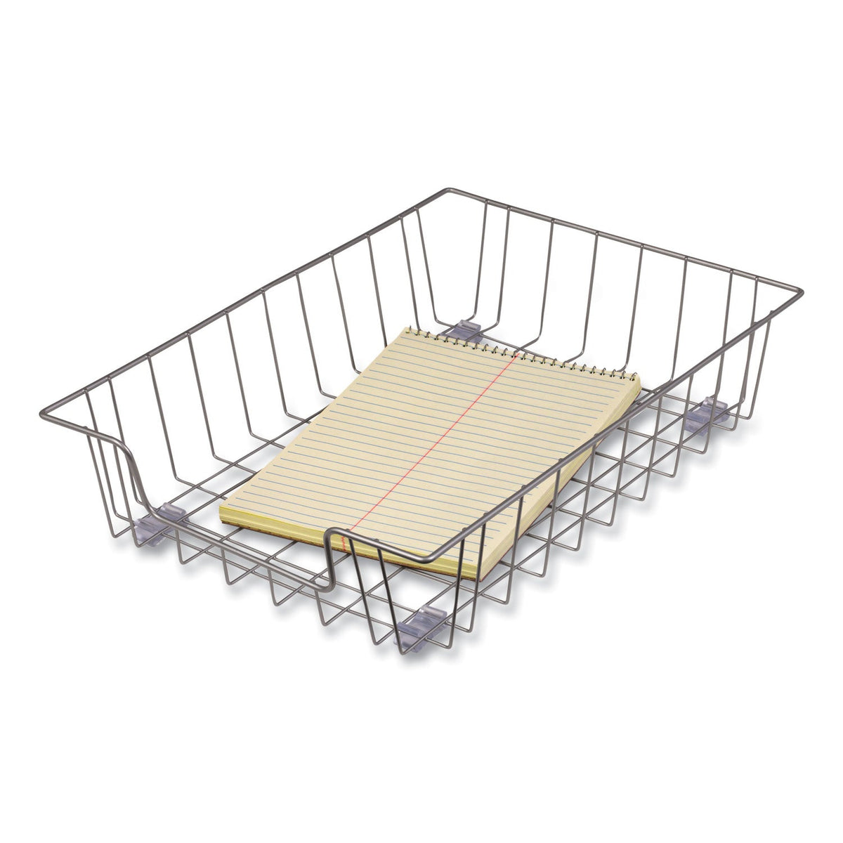Silver wire desk tray organizer with letter-size folder held by front and side stops