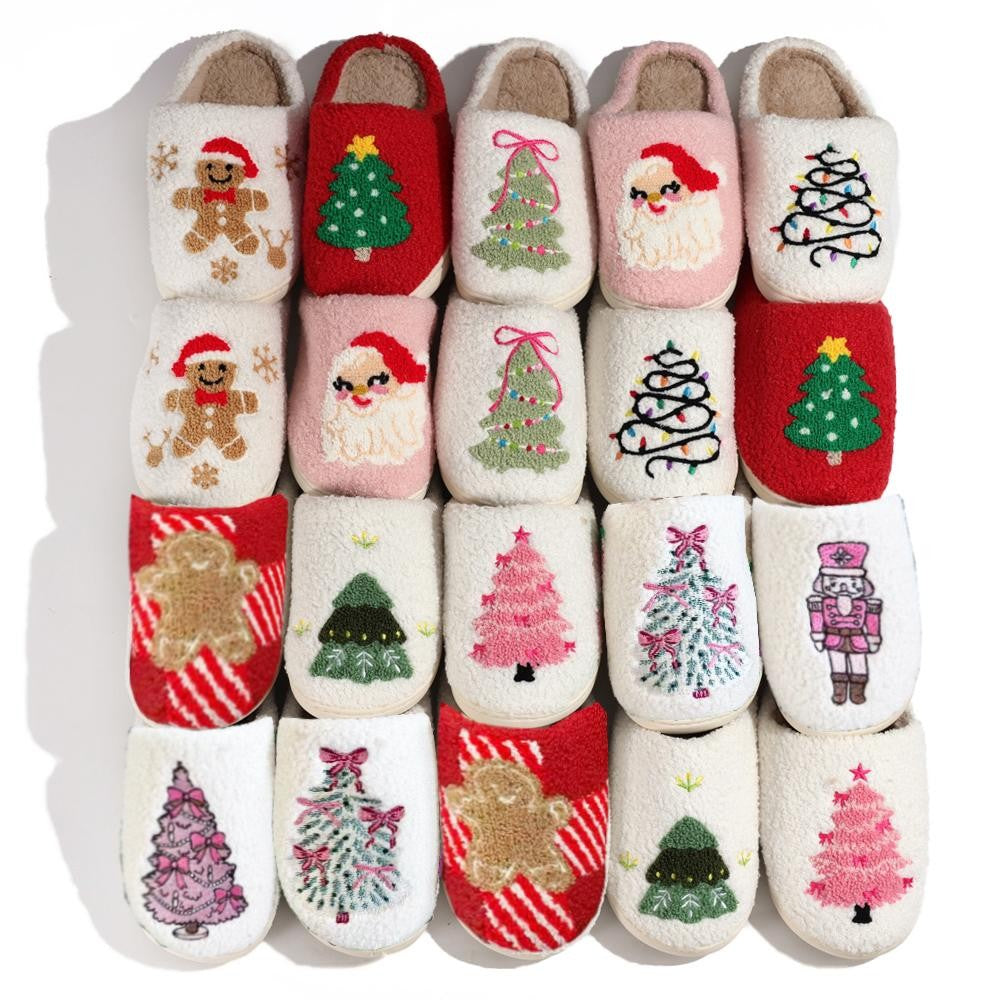 Christmas-themed slide-on slipper set with various embroidered figures and trees