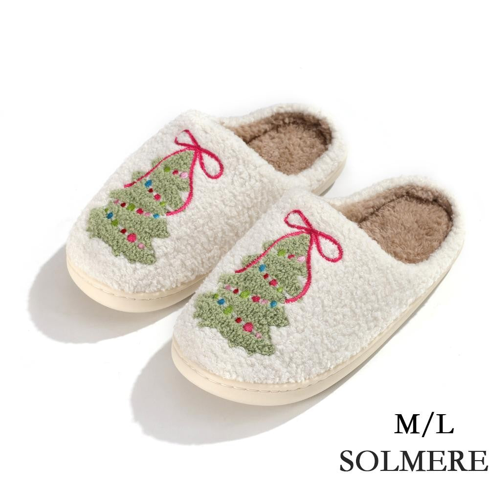 Cream sherpa slide-on slippers with Christmas tree bows and brown plush lining