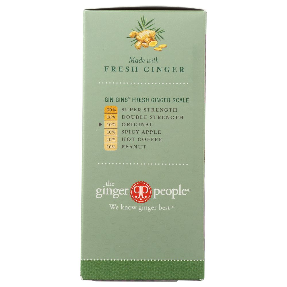 Chewy ginger candy carton back with flavor percentage chart and ginger illustration, green panel