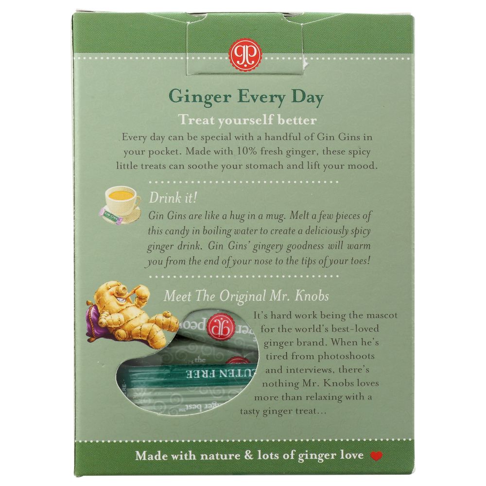 Chewy ginger candy carton front with story text and coffee cup icon, green packaging