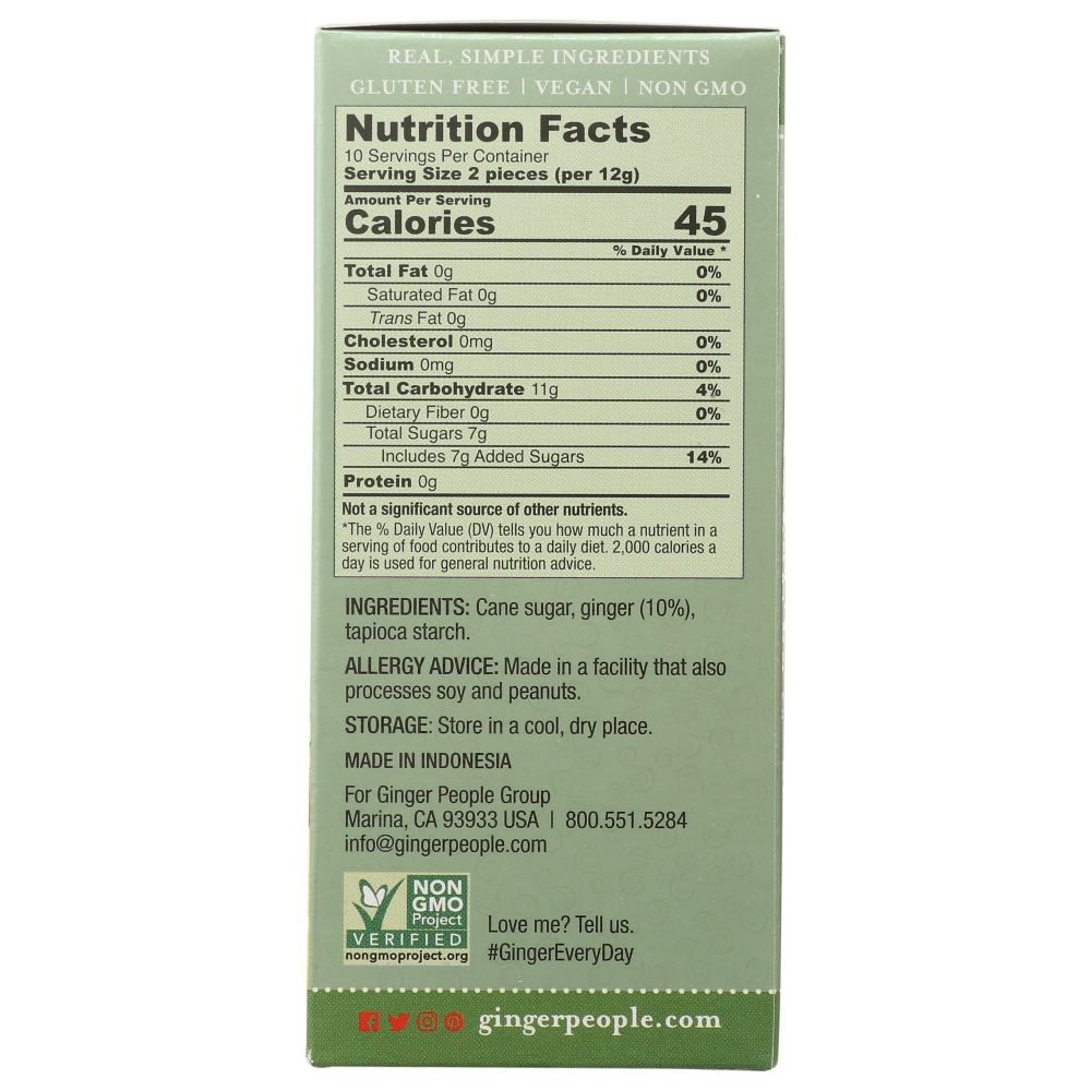 Chewy ginger candy carton back with nutrition facts and ingredient list, green package