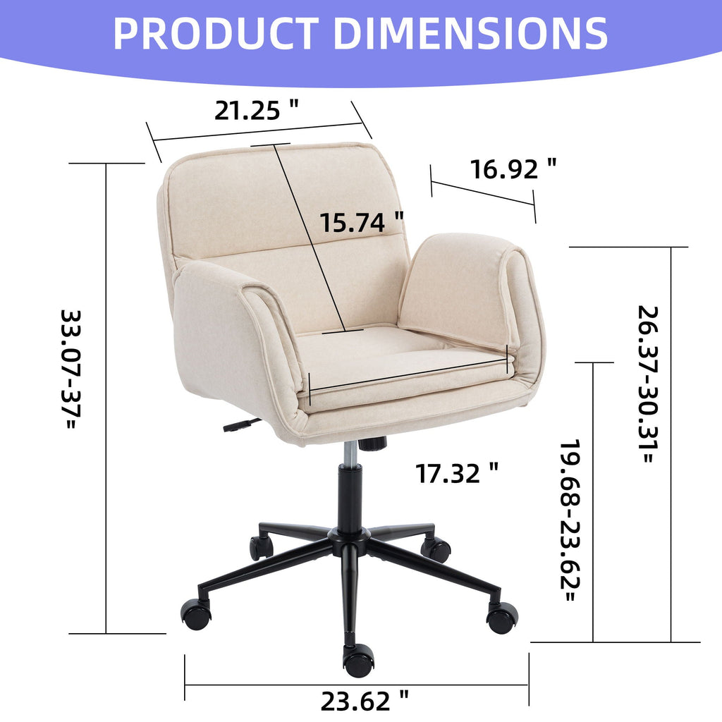 Beige swivel desk chair product dimensions with adjustable armrests and wheels