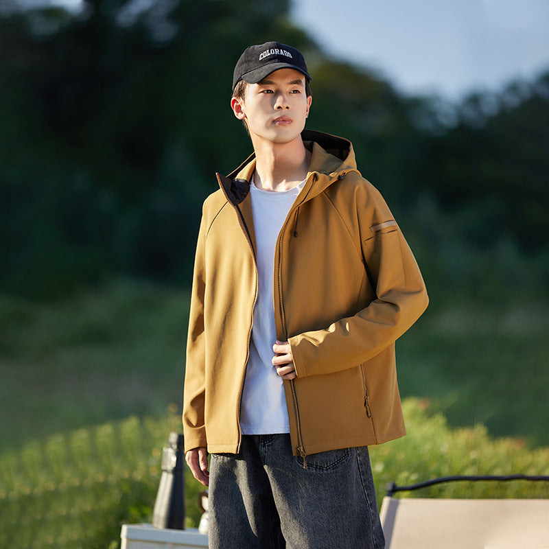 Tan waterproof windbreaker jacket with hood and full-zip front, with adjustable drawstrings