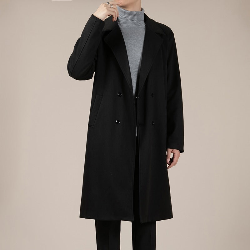 Men's mid-length black wool trench coat with notched lapels and double-breasted buttons