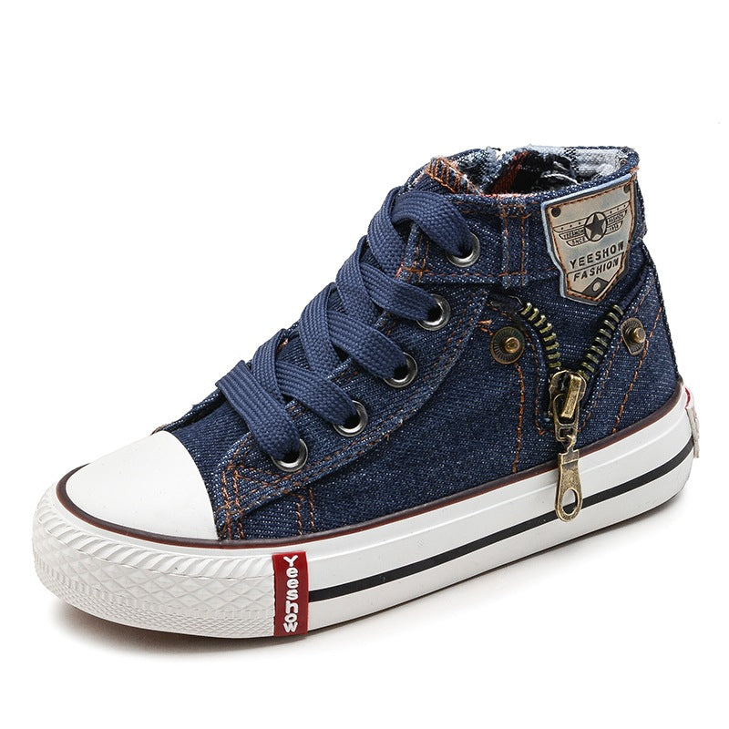 Navy blue children's high-top canvas sneakers with lace-up and side zipper