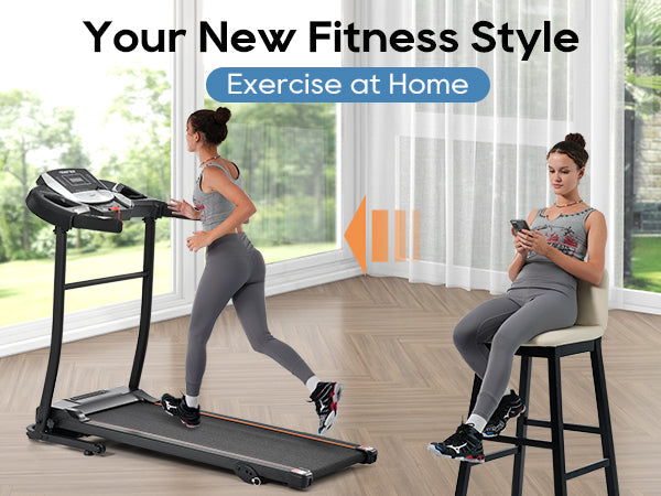 Black home folding treadmill with handrails and electronic control panel
