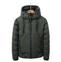 Hooded heated cotton coat, dark green, full front on hanger