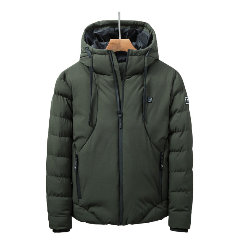 Hooded heated cotton coat, dark green, full front on hanger