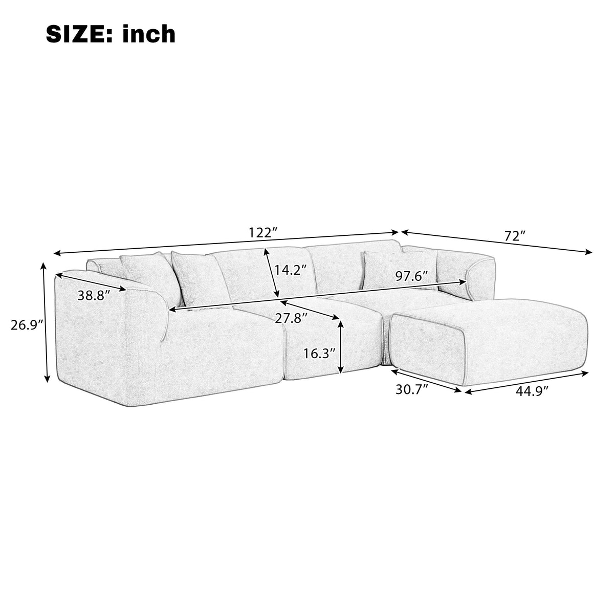 Sectional sofa size diagram with measurements in inches