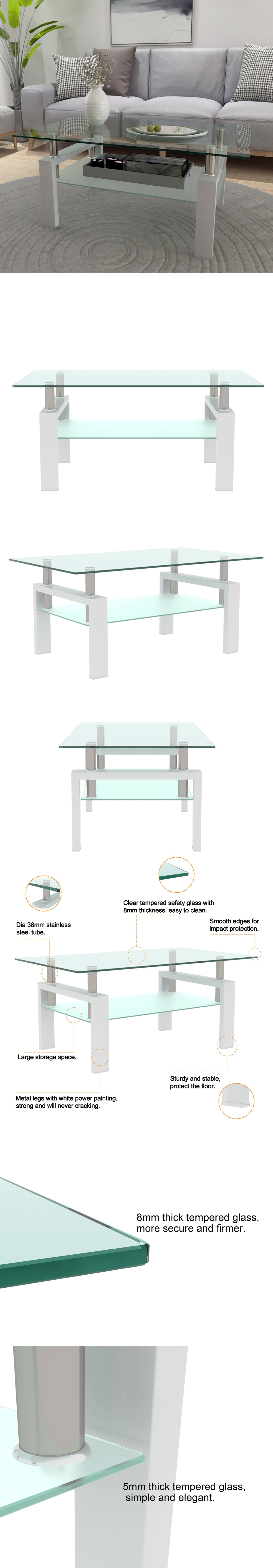 White glass coffee table shown from side with clear lower shelf
