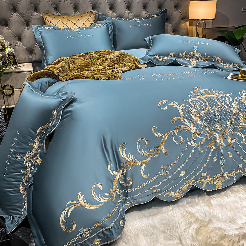 Ice Silk quilt bed sheet set, light blue satin with gold baroque scroll embroidery