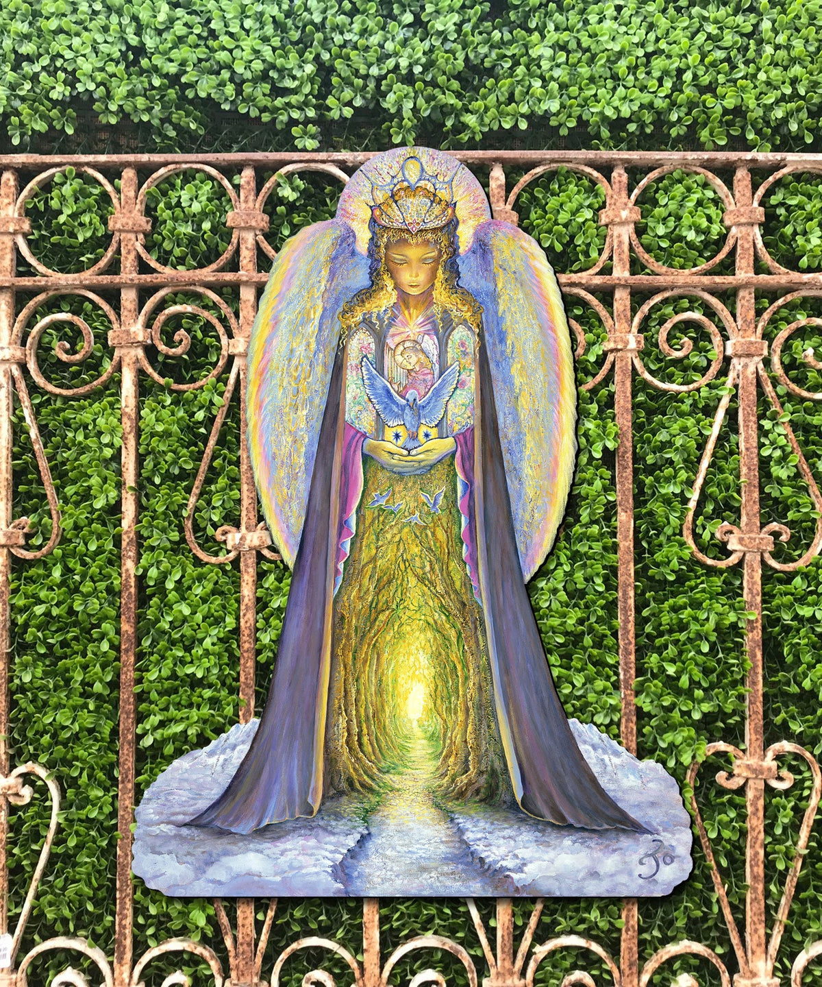 Angel outdoor yard sign on wrought-iron fence, blue wings and gold robe illustration