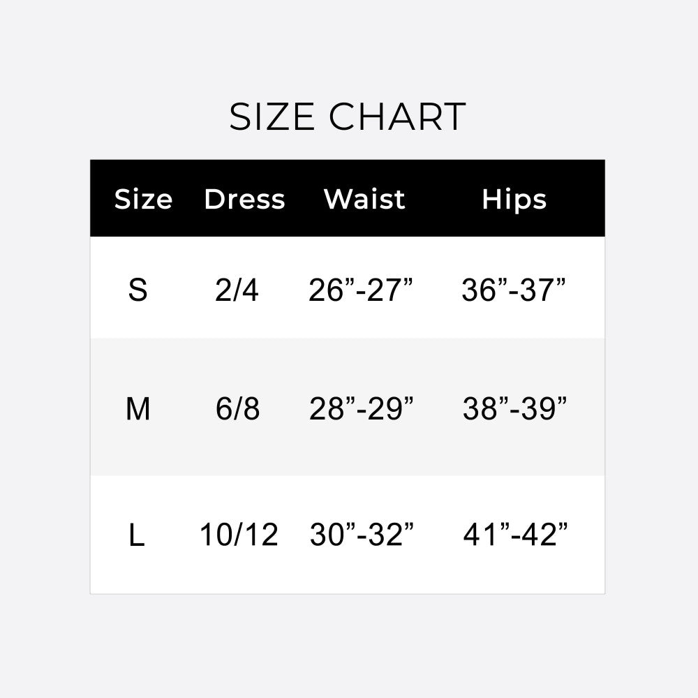 Size chart for active leggings: dress size, waist and hips