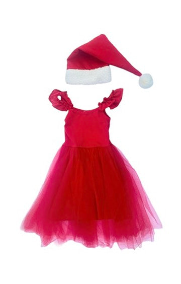 Red sleeveless holiday dress with tulle skirt and Santa-style hat