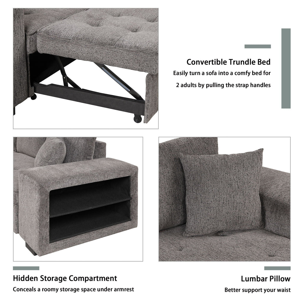 Convertible trundle sofa details: hidden storage compartment and lumbar pillow, light gray fabric