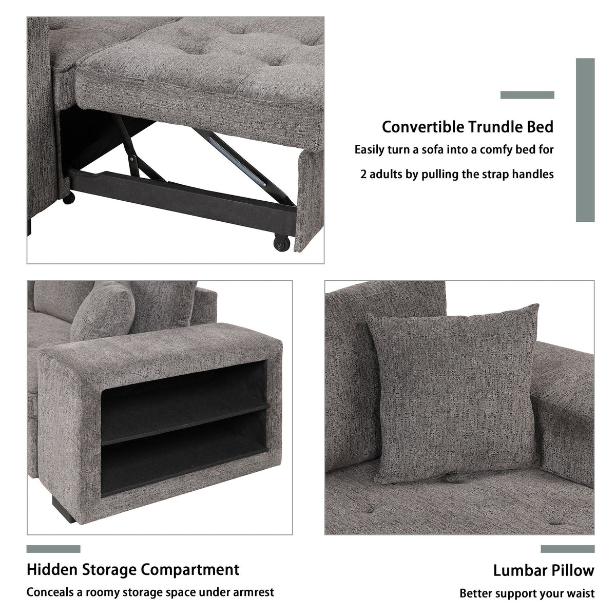 Convertible trundle sofa details: hidden storage compartment and lumbar pillow, light gray fabric