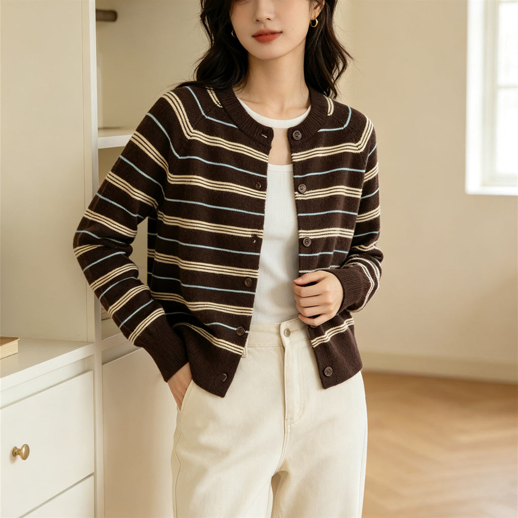 Dark brown striped cardigan with button front, long sleeves, contrasting light stripes