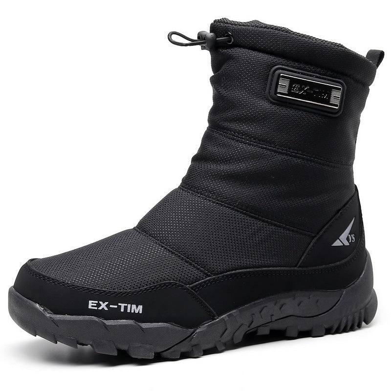 Black mid-calf waterproof snow boot with lace-up collar and grippy outsole.