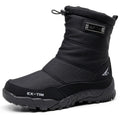 Black mid-calf waterproof snow boot with lace-up collar and grippy outsole.
