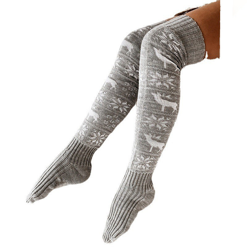 Women’s over-the-knee knitted Christmas socks in gray with white reindeer and snowflake knit