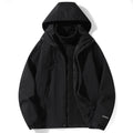 Black outdoor jacket with hood, full zipper, and dark contrast paneling