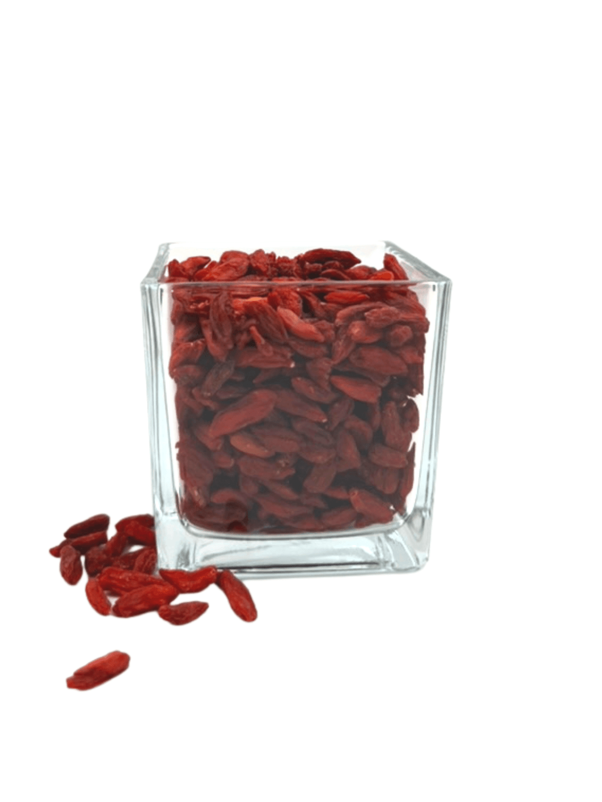 Glass container filled with organic dried goji berries, loose pieces