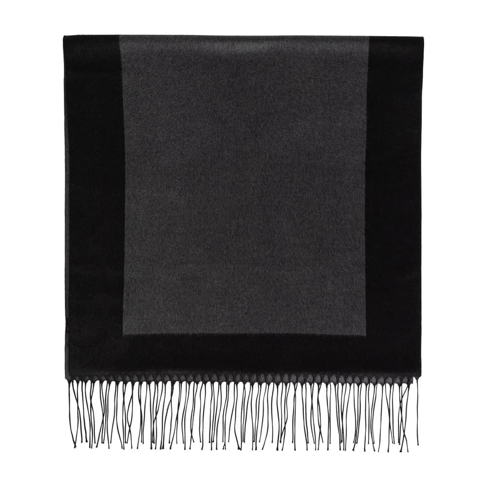 Saint Laurent gray men’s scarf with black-edged frame and fringe hem