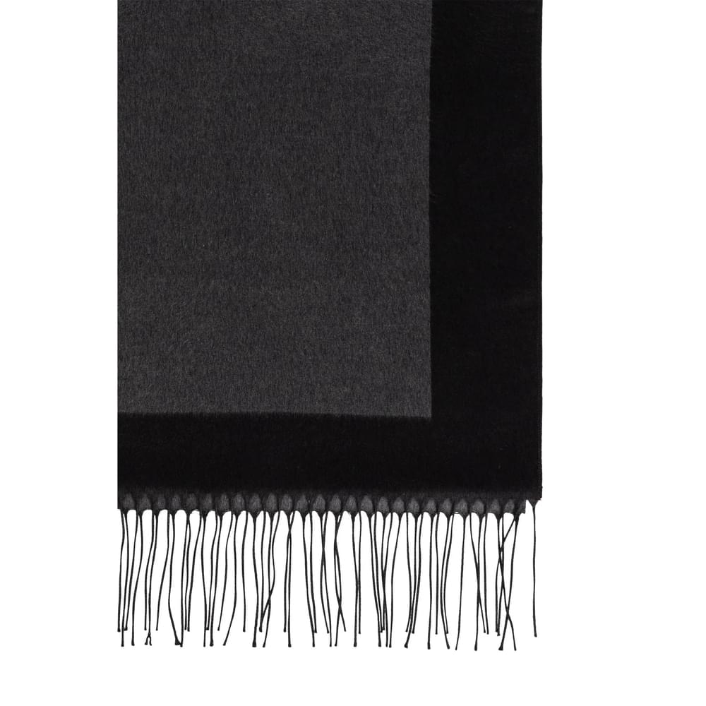 Saint Laurent gray men’s scarf with dark border and hanging fringe