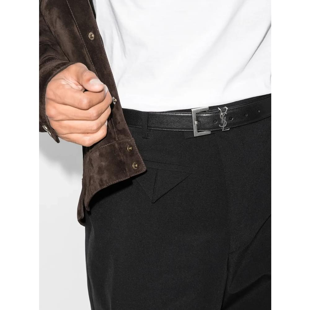 Black Saint Laurent leather belt for men with silver square buckle and logo hardware