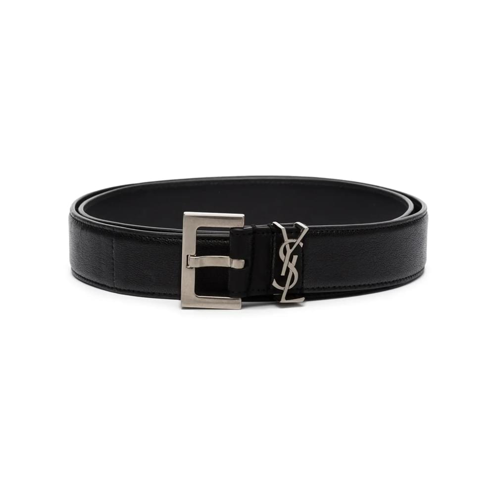 Black Saint Laurent leather belt with silver rectangular buckle and YSL logo center