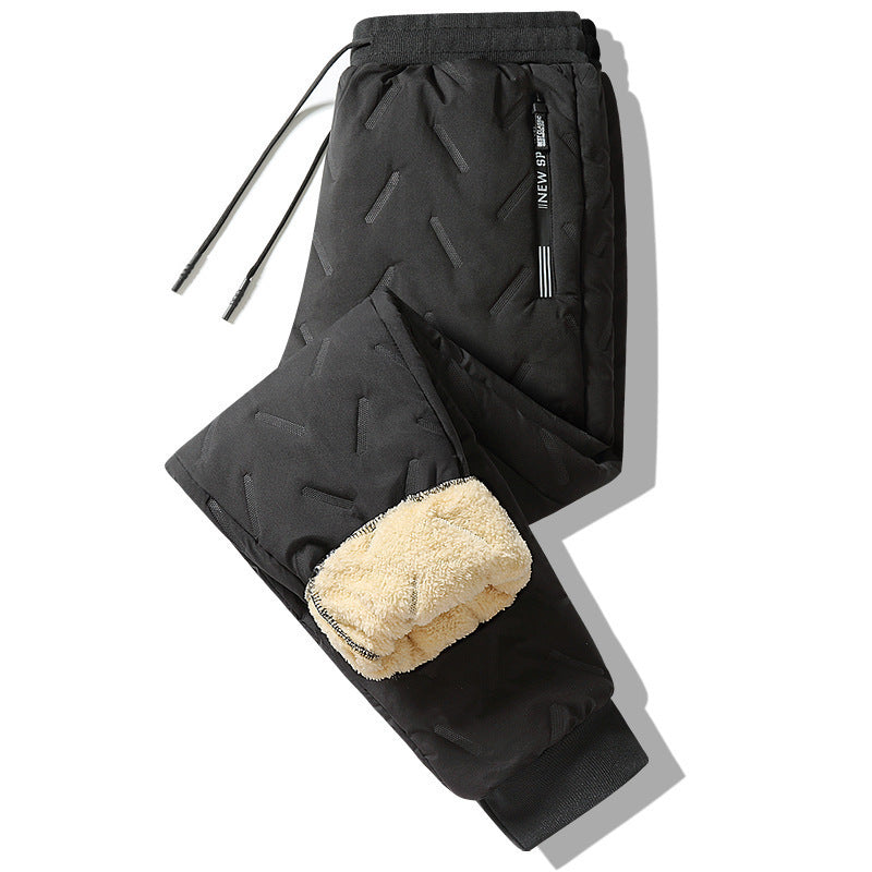 Men's black fleece-lined sweatpants with drawstring waist and sherpa cuffs, side zipper pocket