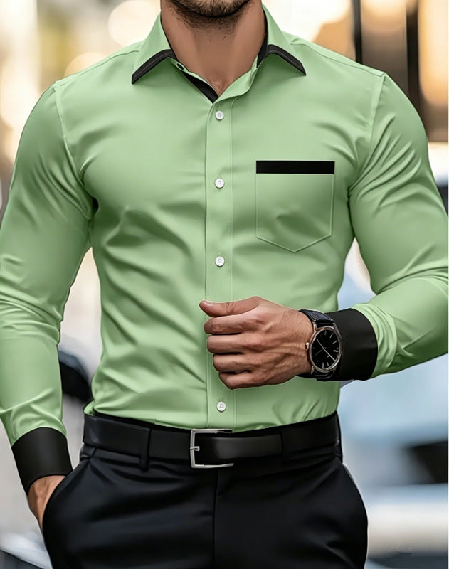 Men's light green contrast-color dress shirt, black collar and sleeve cuff trim