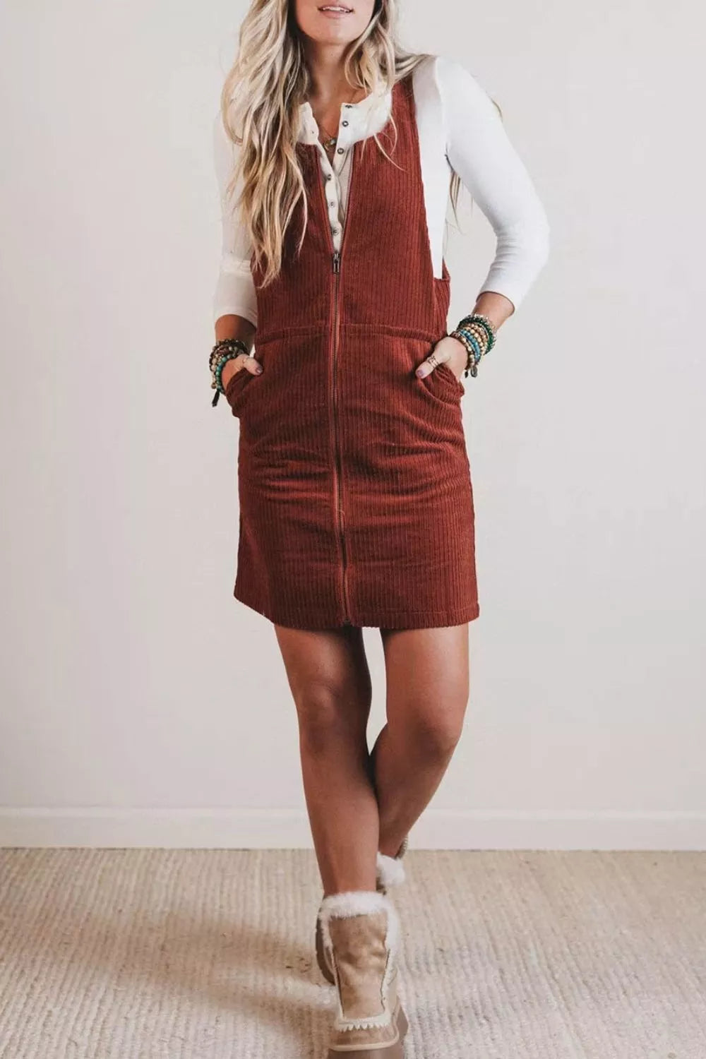 Burgundy ribbed corduroy zip-up sleeveless pocket sheath dress, front full length