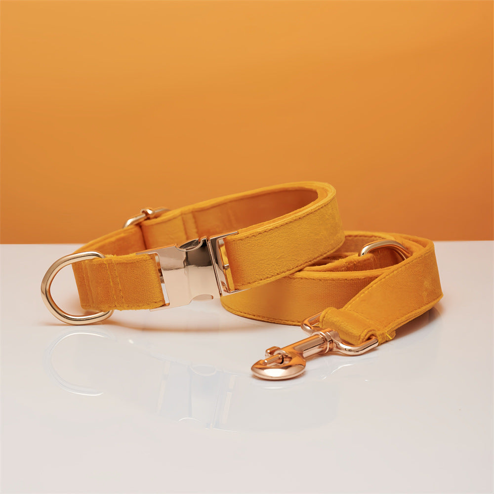 Yellow velvet dog collar with matching leash, gold-tone clasp and hook